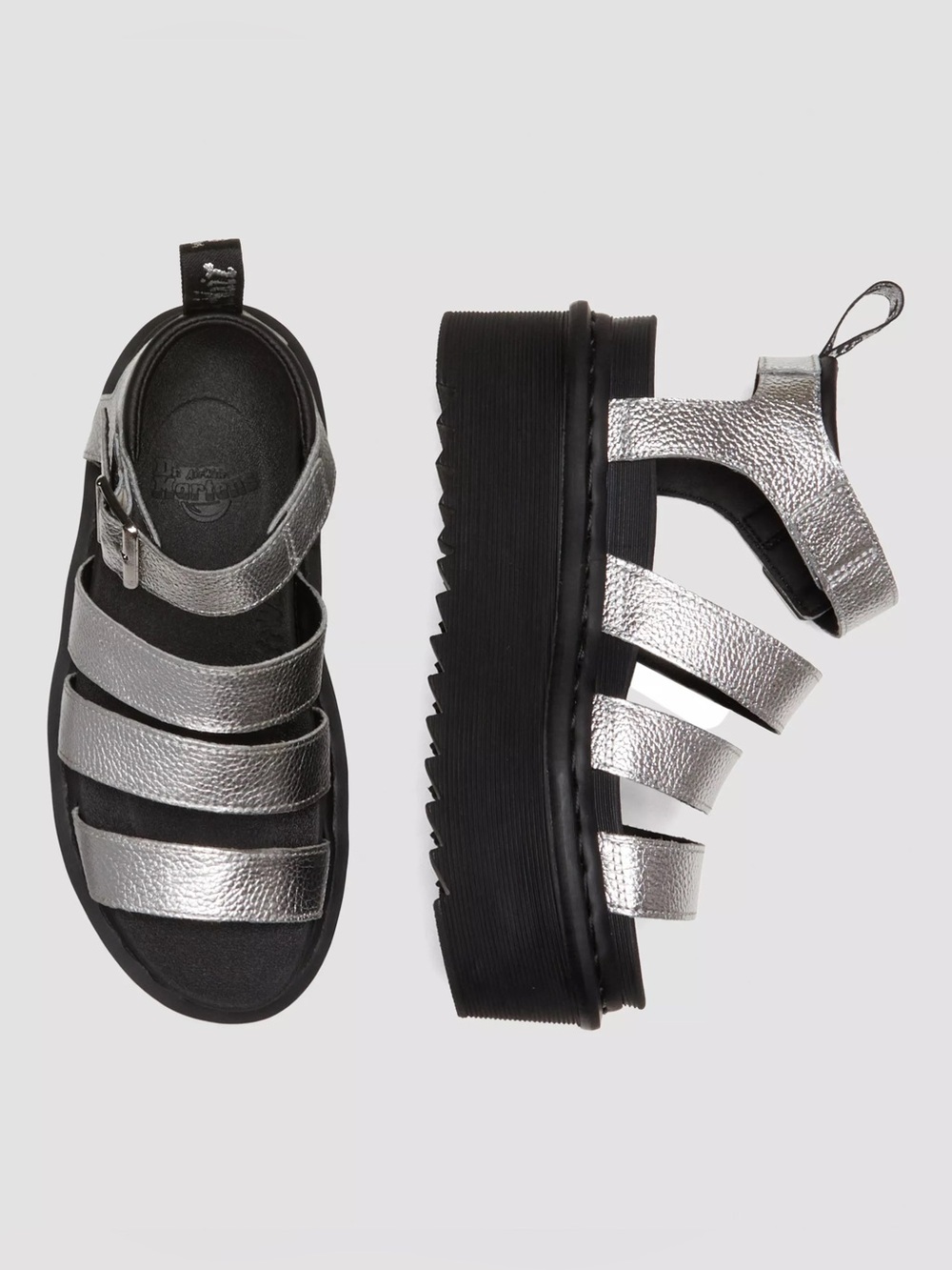 NIB HTF Dr. Martens Blaire Quad Metallic Silver Leather Platform Sandals Size 9